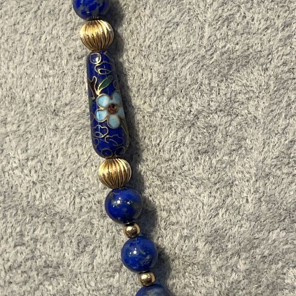 Vintage Lapis Lazuli & Cloisonné Beaded Necklace Unique Shaped 24” - Picture 4 of 13
